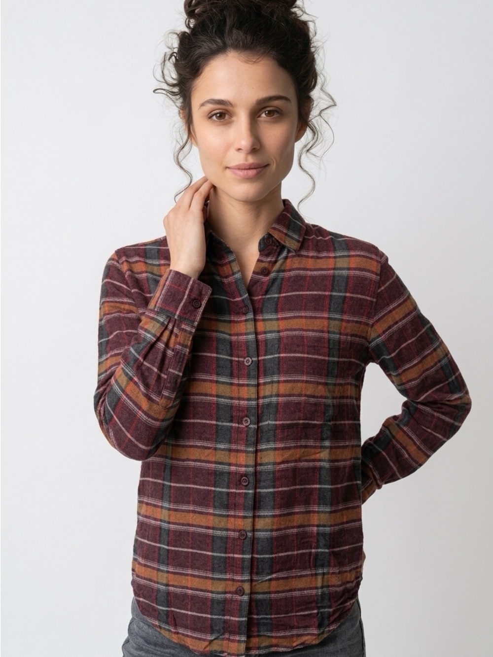 Beach Lunch Lounge Sz XS Whitney Plaid Button Up LS Shirt Midnight Wine